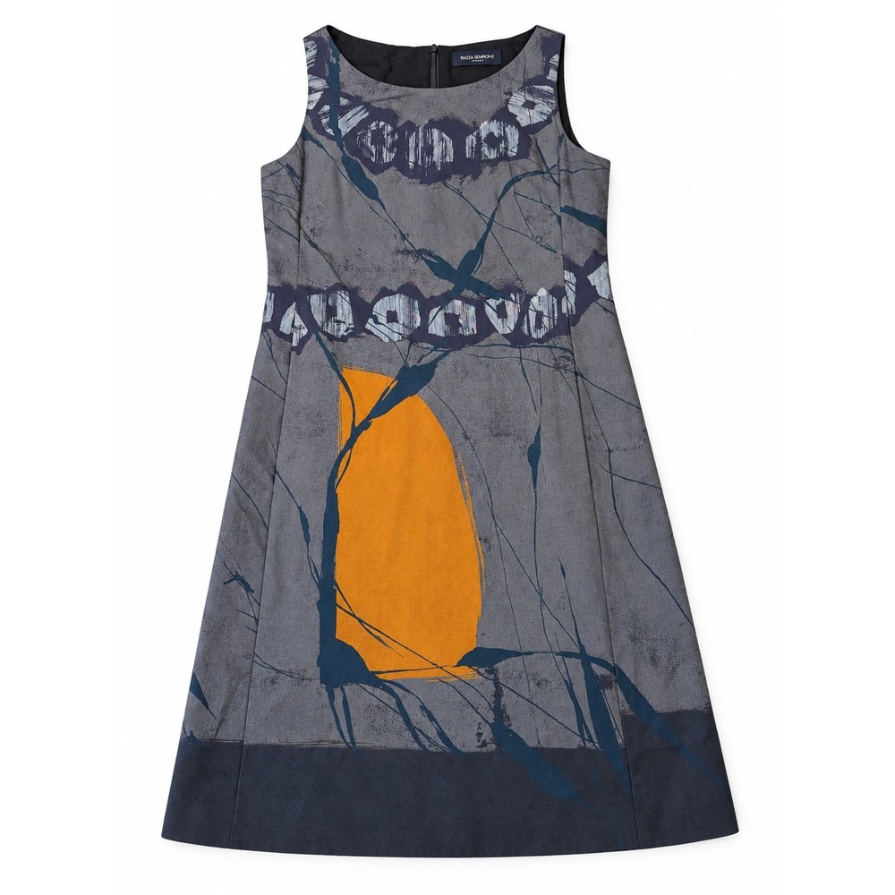 Piazza Sempione Italian Abstract Print Sleeveless Shift Dress Grey Orange IT 38